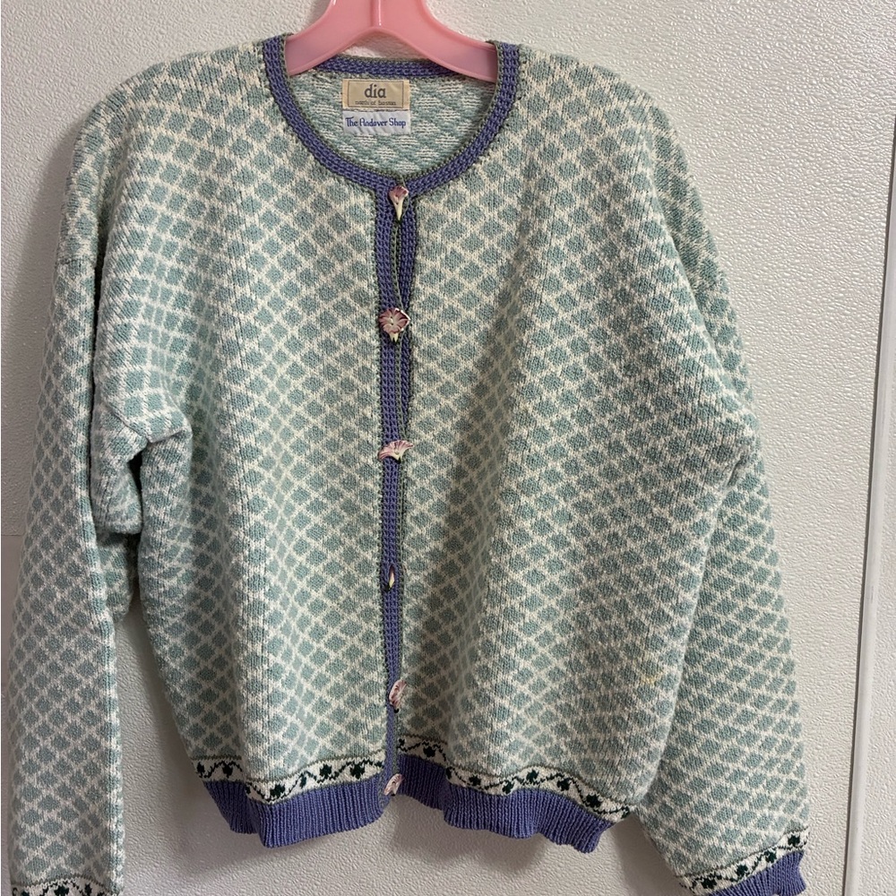 Vintage North of Boston Women's Green & White Cardigan Sweater L